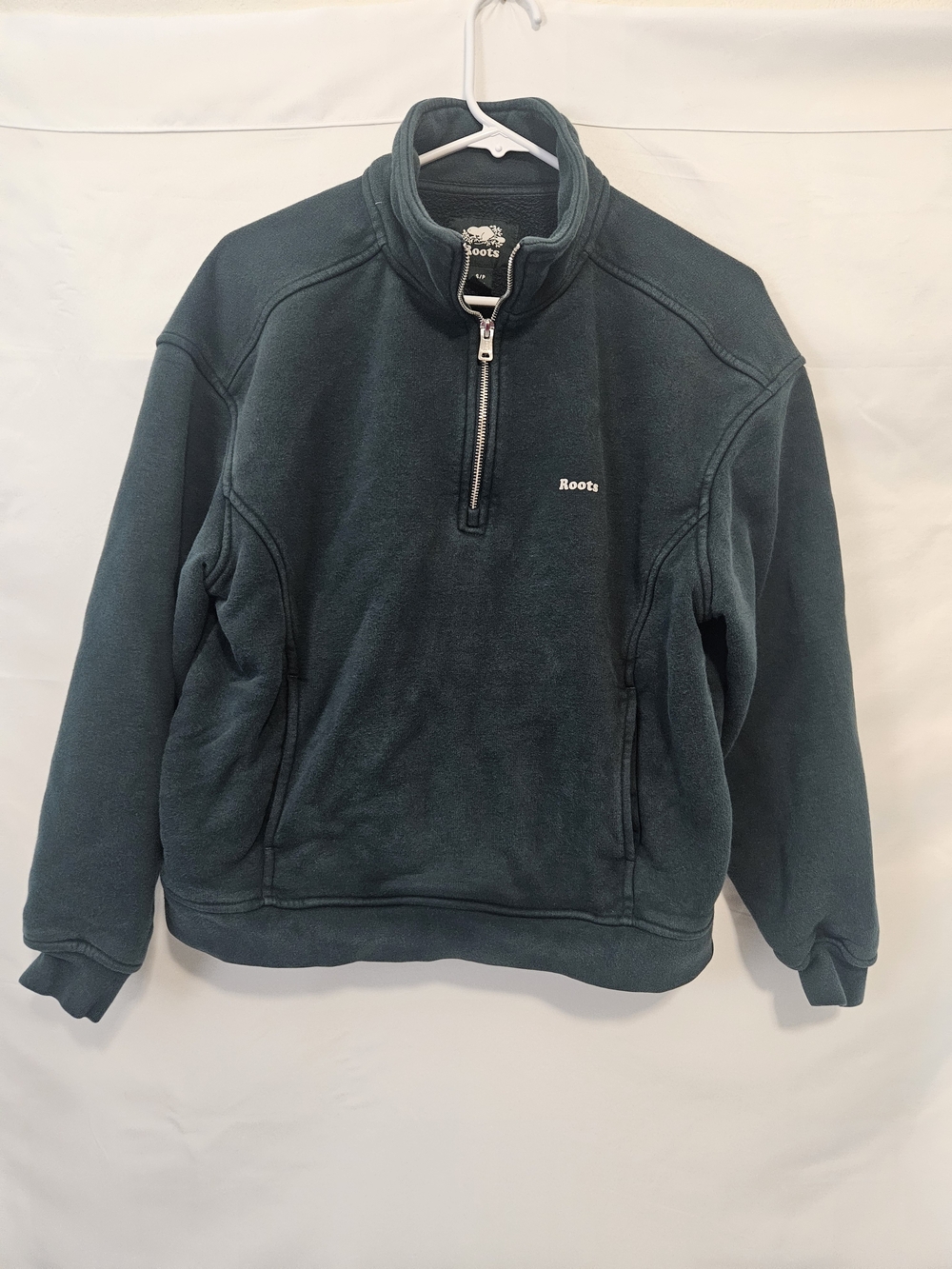 Roots Women's Dark Green/Teal Half-Zip Fleece Pullover Casual Relaxed Fit